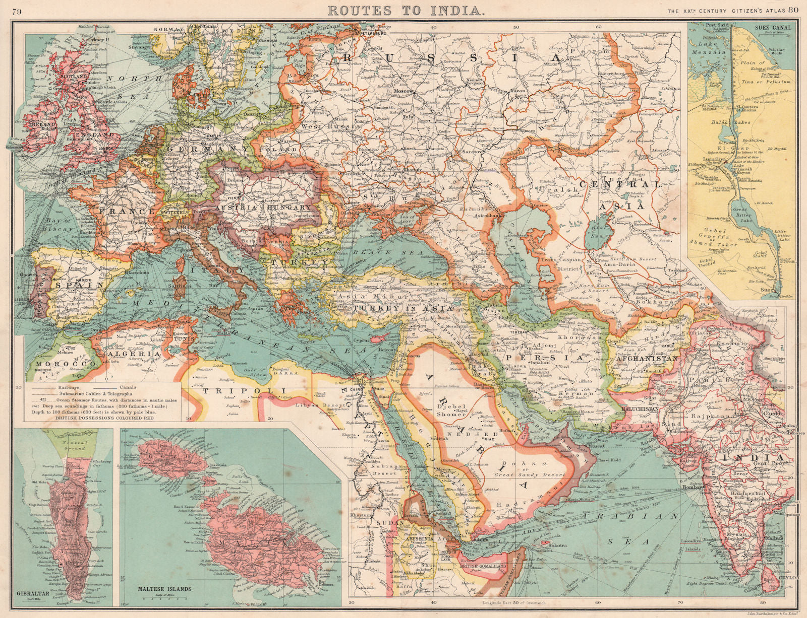 ROUTES TO INDIA.Europe Middle East & Asia.Suez Canal Gibraltar & Malta 1901 map